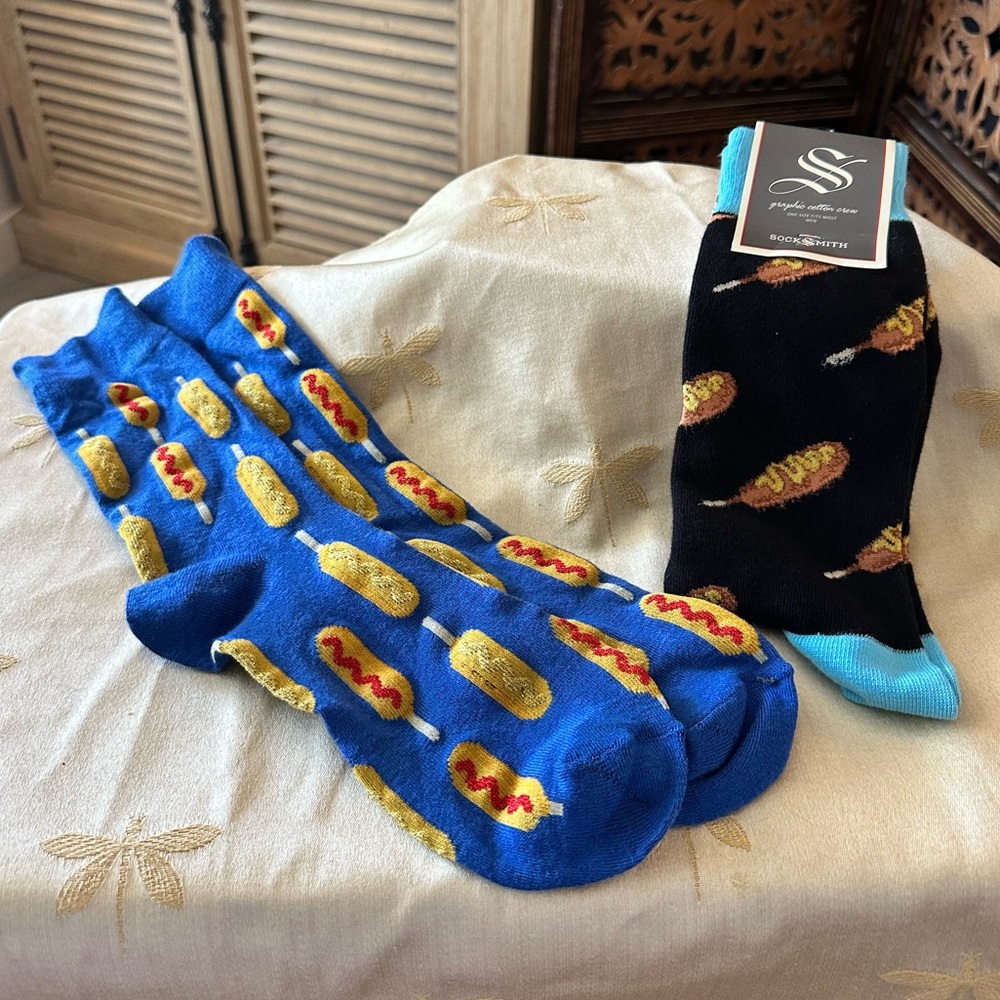 Socksmith Black Corndog w/ Mustard Knit Crew Socks. Blue Pair w/ Ketchup Too.